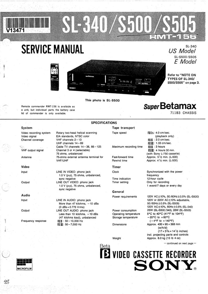 Sony SL-340 SuperBeta Service Manual (Instant Download)