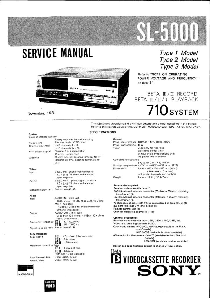 Sony SL-5000 Betamax Manual (Instant Download)