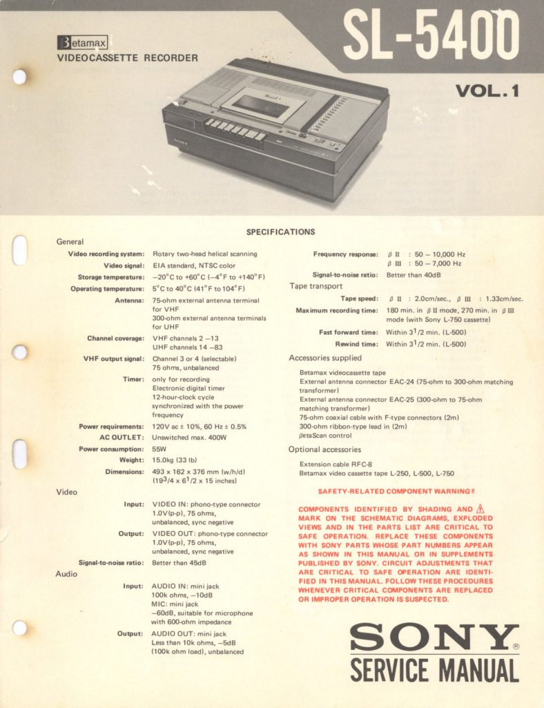 Sony SL-5400 Betamax Service Manual (Instant Download)