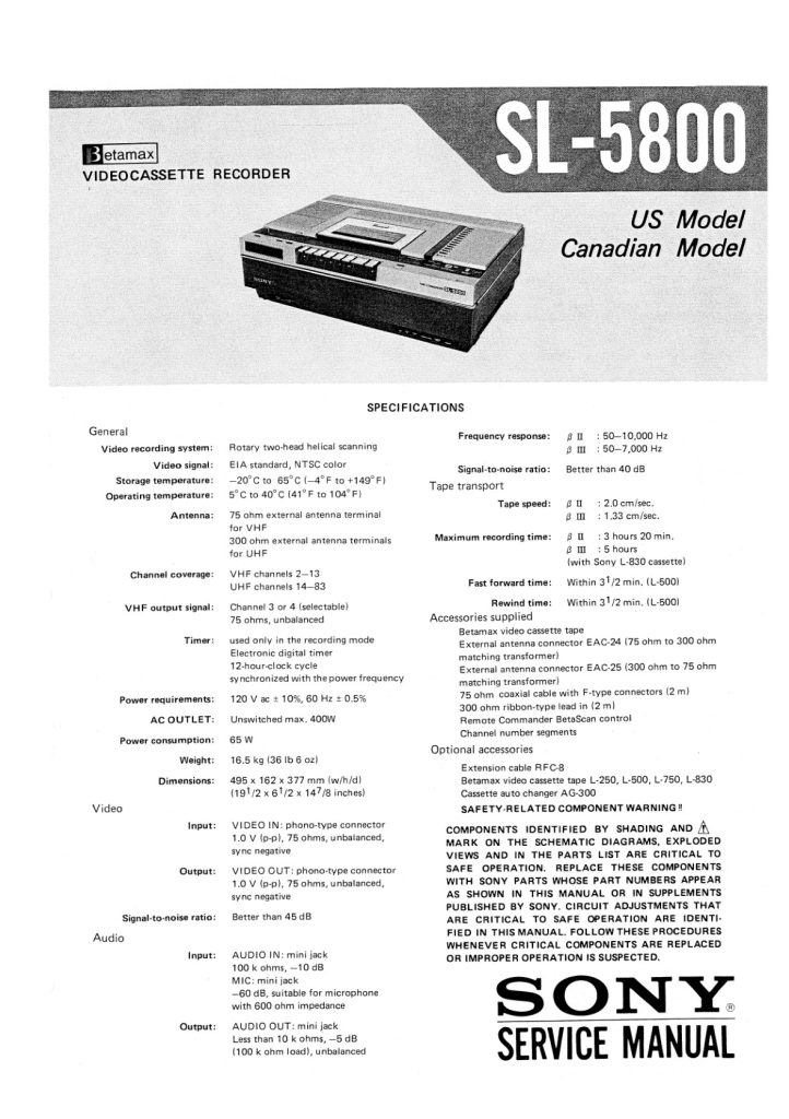 Sony SL-5800 Betamax Manual (Instant Download)