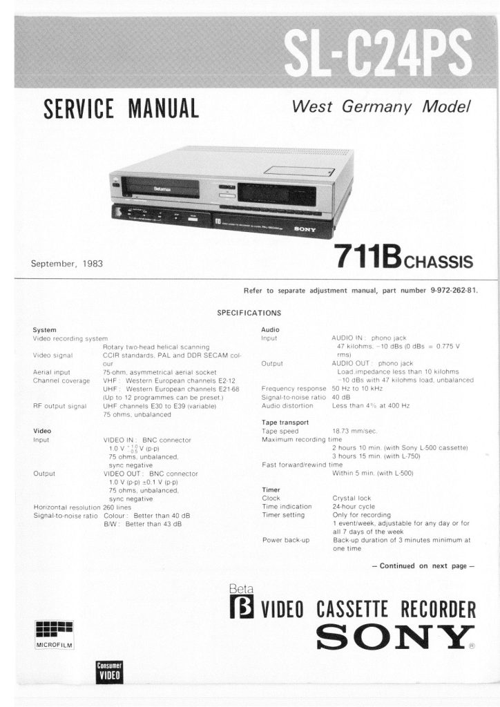 Sony SL-C24PS Betamax Service Manual (Instant Download)