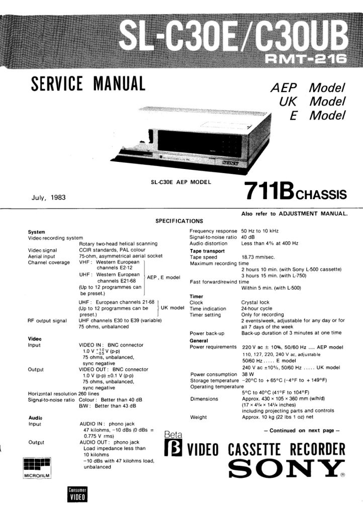 Sony SL-C30EUB Betamax Service Manual (Instant Download)