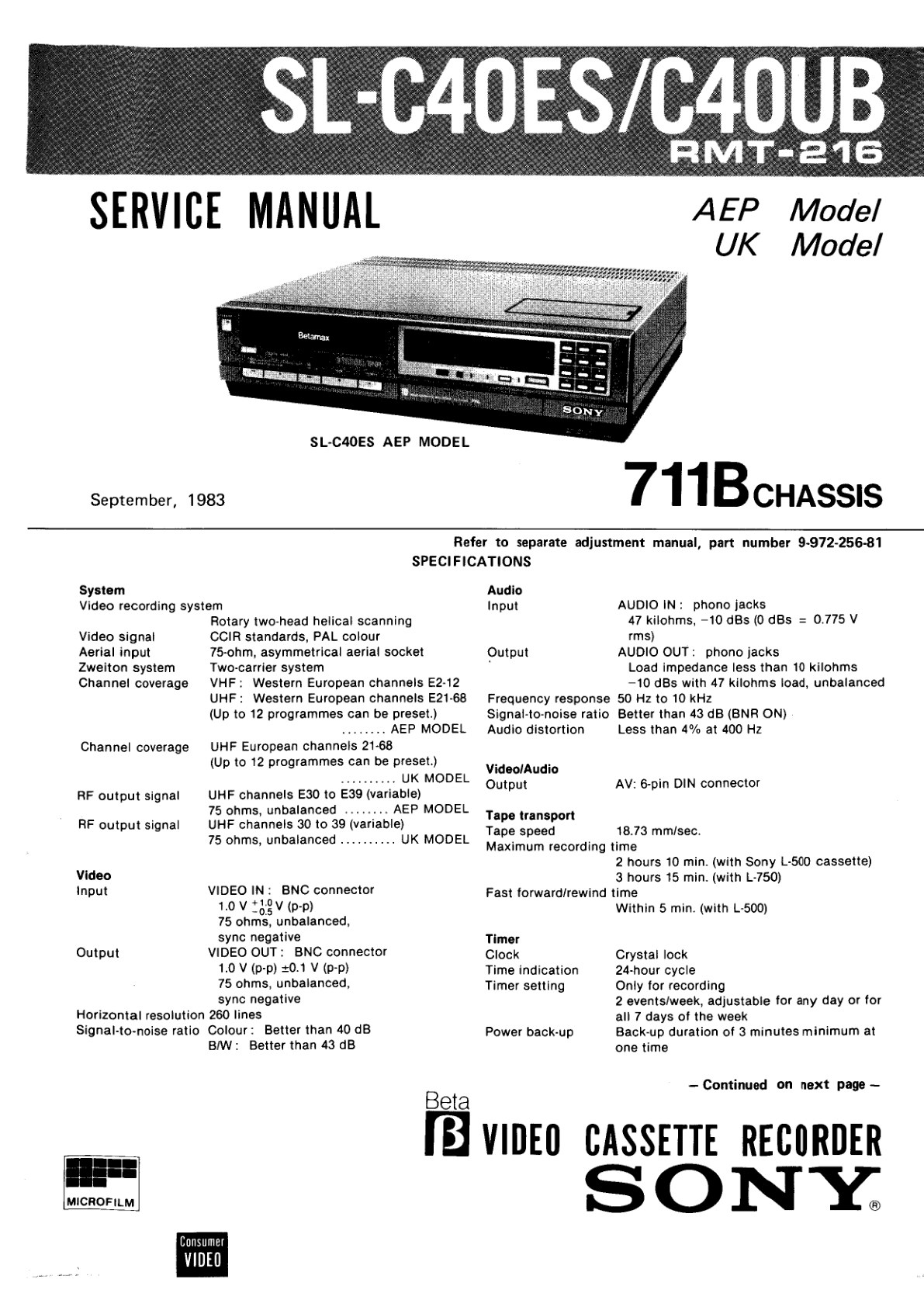 Sony SL-C40 Betamax Service Manual (Instant Download)
