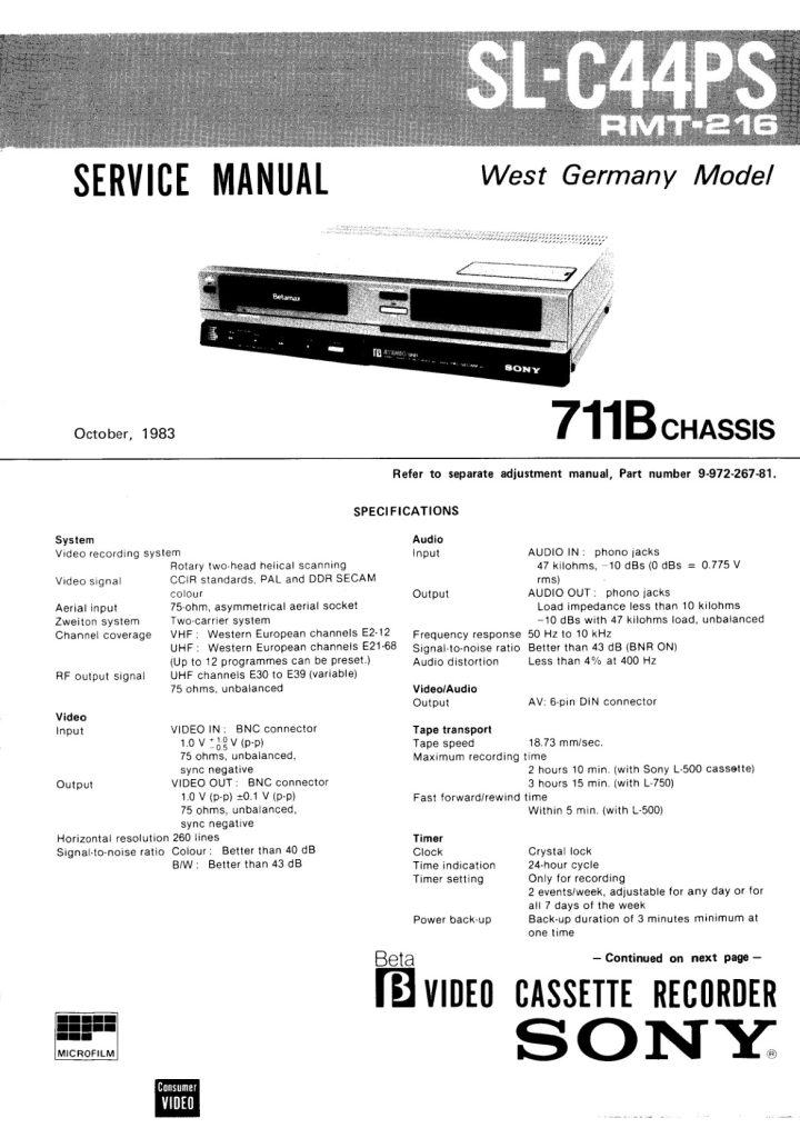 Sony SL-C44PS Betamax Service Manual (Instant Download)