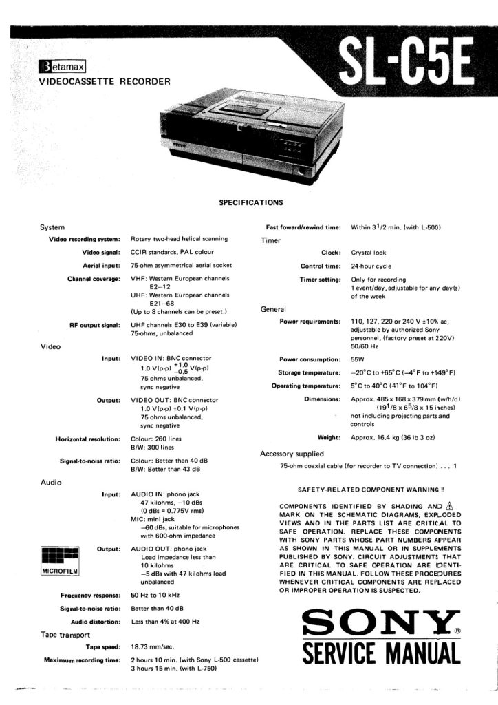 Sony SL-C5E Betamax Service Manual (Instant Download)